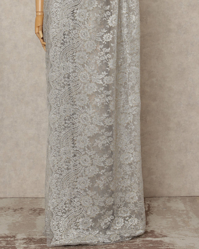 Silver Premium French Metallic Chantilly Lace Saree Fabric, 5.5 Mtrs Length, 110 Cms Width, Crafted in France – Exquisite Metallic Floral Lace, Blouse Not Included-D26419