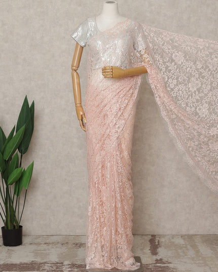 Peachy Pink Premium French 2Tone Chantilly Lace Saree with Stone Work, Width 110 Cms, 5.5 Mtrs, France-D25581