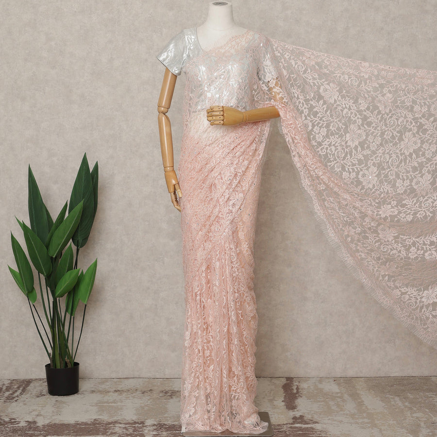 Peachy Pink Premium French 2Tone Chantilly Lace Saree with Stone Work, Width 110 Cms, 5.5 Mtrs, France-D25581