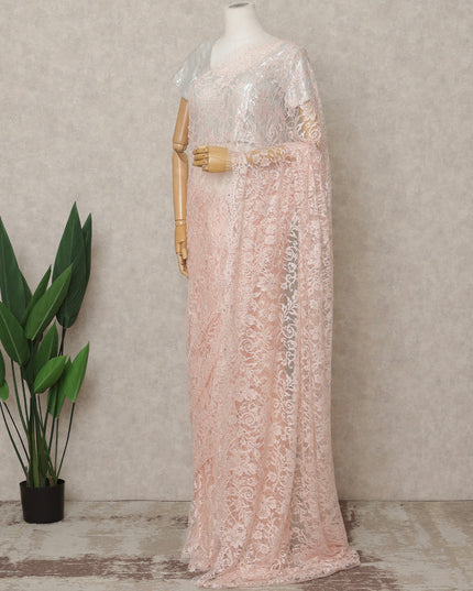 Peachy Pink Premium French 2Tone Chantilly Lace Saree with Stone Work, Width 110 Cms, 5.5 Mtrs, France-D25581