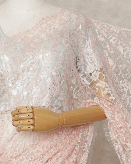 Peachy Pink Premium French 2Tone Chantilly Lace Saree with Stone Work, Width 110 Cms, 5.5 Mtrs, France-D25581