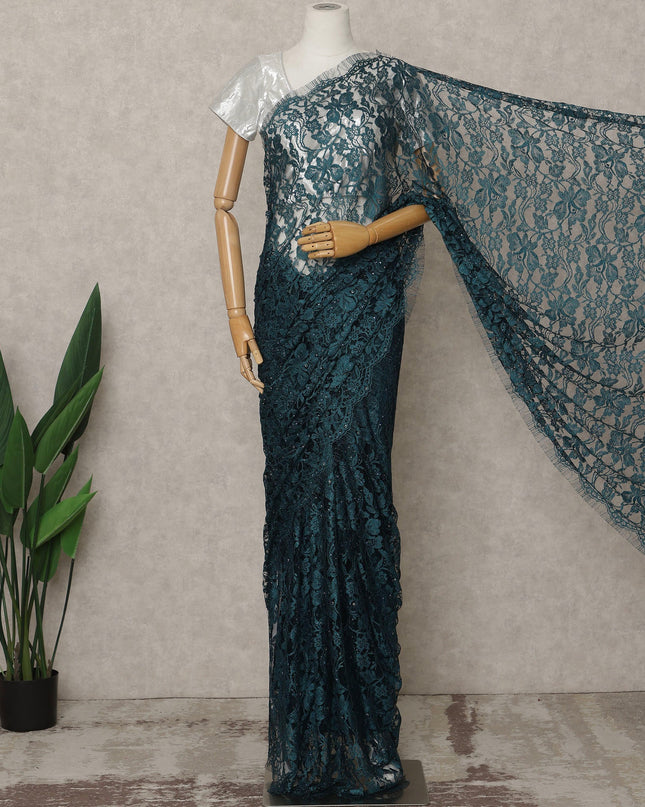 Teal Premium French 2Tone Chantilly Lace Saree with Stone Work, Width 110 Cms, 5.5 Mtrs, France-D25579 Regal Fabrics