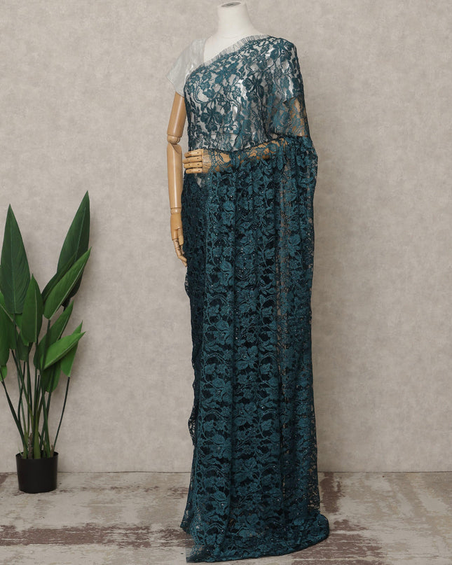 Teal Premium French 2Tone Chantilly Lace Saree with Stone Work, Width 110 Cms, 5.5 Mtrs, France-D25579 Regal Fabrics