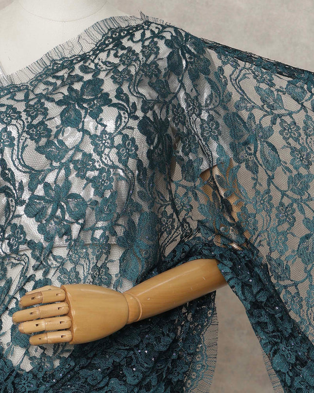 Teal Premium French 2Tone Chantilly Lace Saree with Stone Work, Width 110 Cms, 5.5 Mtrs, France-D25579 Regal Fabrics