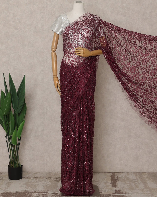 Wine Maroon Premium French Chantilly Lace Saree with Stone Work – 5.5 Meters Fabric Length, Width 110 cm, Imported from France  & Blouse Not Included-D26587