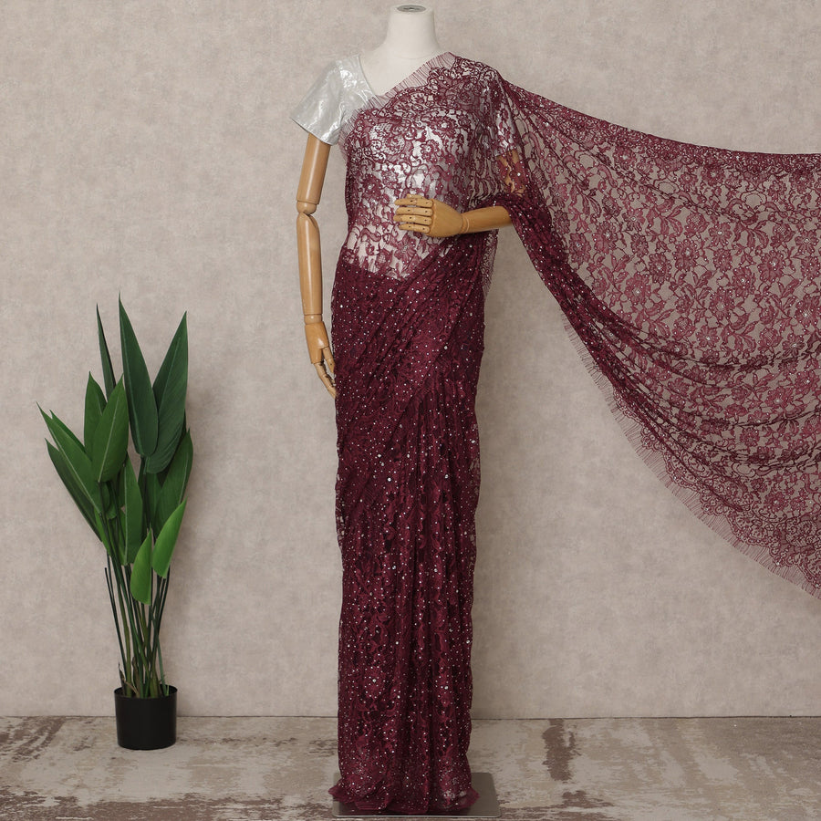 Wine Maroon Premium French Chantilly Lace Saree with Stone Work – 5.5 Meters Fabric Length, Width 110 cm, Imported from France  & Blouse Not Included-D26587