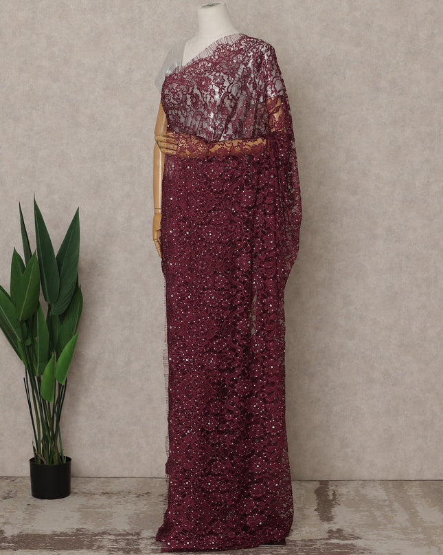 Wine Maroon Premium French Chantilly Lace Saree with Stone Work – 5.5 Meters Fabric Length, Width 110 cm, Imported from France  & Blouse Not Included-D26587