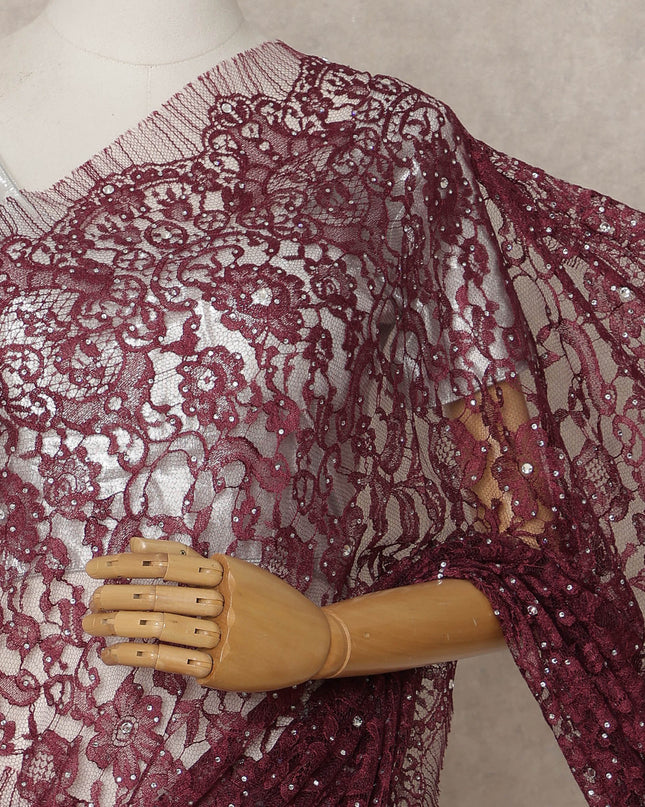 Wine Maroon Premium French Chantilly Lace Saree with Stone Work – 5.5 Meters Fabric Length, Width 110 cm, Imported from France  & Blouse Not Included-D26587