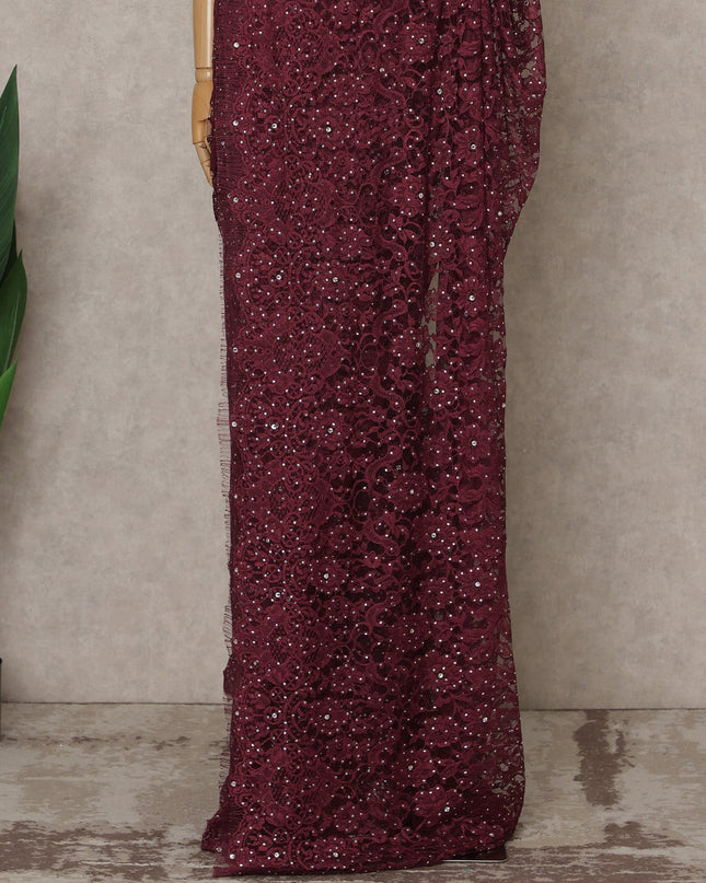 Wine Maroon Premium French Chantilly Lace Saree with Stone Work – 5.5 Meters Fabric Length, Width 110 cm, Imported from France  & Blouse Not Included-D26587