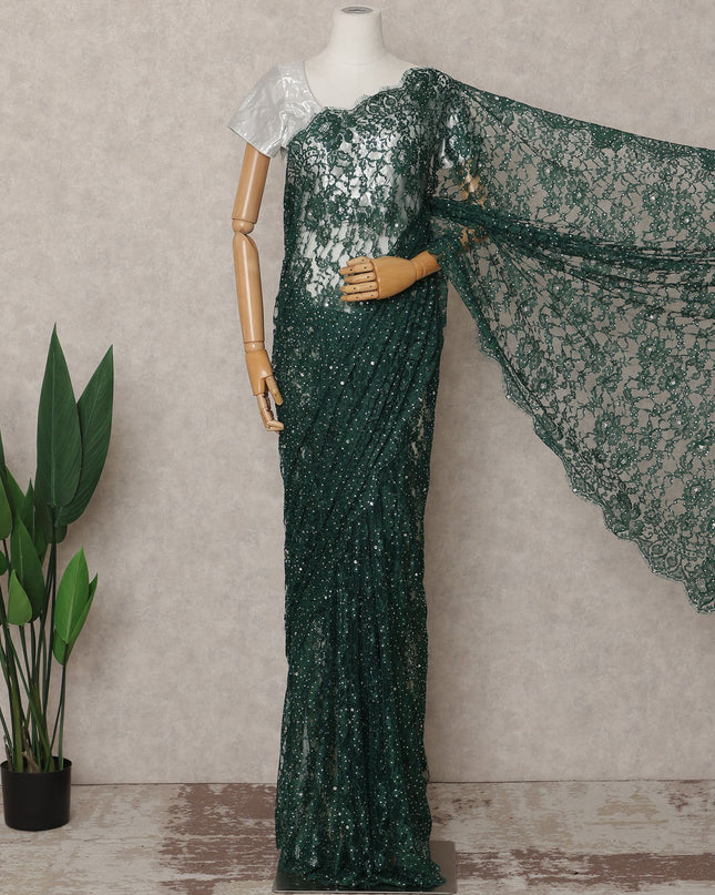 Emerald Green Premium French 2-Tone Chantilly Lace Saree with Stonework, 5.5 Mtrs with 110 Cms Width, Imported from France-D25424