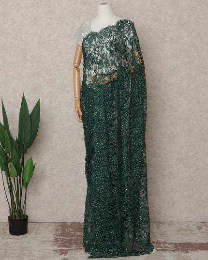Emerald Green Premium French 2-Tone Chantilly Lace Saree with Stonework, 5.5 Mtrs with 110 Cms Width, Imported from France-D25424