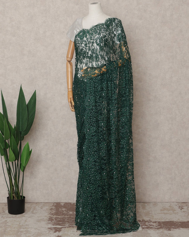 Emerald Green Premium French 2-Tone Chantilly Lace Saree with Stonework, 5.5 Mtrs with 110 Cms Width, Imported from France-D25424