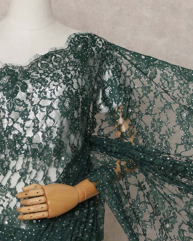 Emerald Green Premium French 2-Tone Chantilly Lace Saree with Stonework, 5.5 Mtrs with 110 Cms Width, Imported from France-D25424