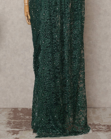 Emerald Green Premium French 2-Tone Chantilly Lace Saree with Stonework, 5.5 Mtrs with 110 Cms Width, Imported from France-D25424