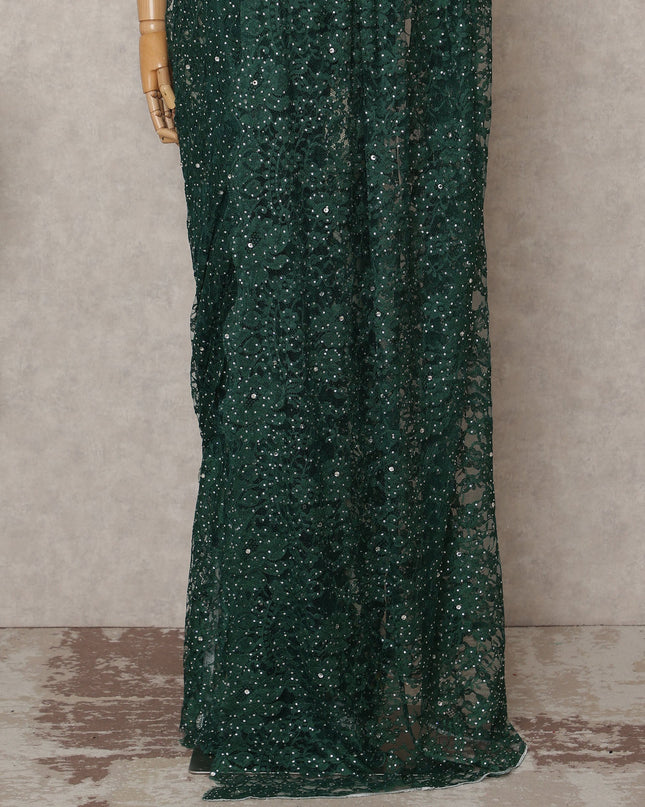 Emerald Green Premium French 2-Tone Chantilly Lace Saree with Stonework, 5.5 Mtrs with 110 Cms Width, Imported from France-D25424