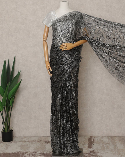 ساري فرنسي فاخر أسود من الدانتيل الشانتيلي المعدني مع تطريز حجري، عرض 110 سم، 5.5 متر، فرنسا-D25576