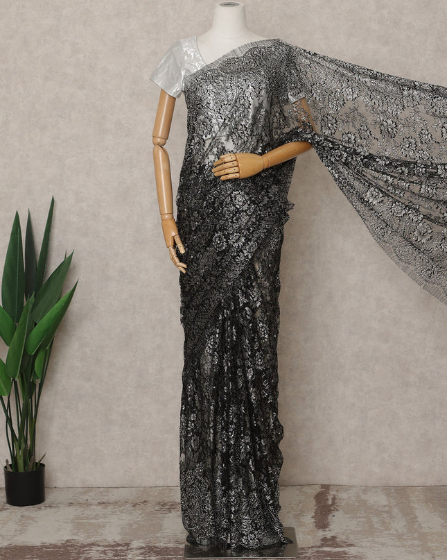 ساري فرنسي فاخر أسود من الدانتيل الشانتيلي المعدني مع تطريز حجري، عرض 110 سم، 5.5 متر، فرنسا-D25576