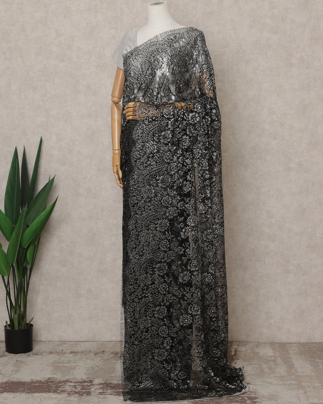 ساري فرنسي فاخر أسود من الدانتيل الشانتيلي المعدني مع تطريز حجري، عرض 110 سم، 5.5 متر، فرنسا-D25576