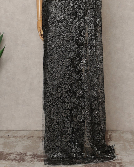 ساري فرنسي فاخر أسود من الدانتيل الشانتيلي المعدني مع تطريز حجري، عرض 110 سم، 5.5 متر، فرنسا-D25576