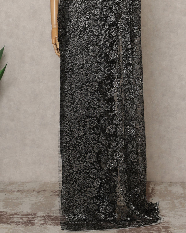 ساري فرنسي فاخر أسود من الدانتيل الشانتيلي المعدني مع تطريز حجري، عرض 110 سم، 5.5 متر، فرنسا-D25576