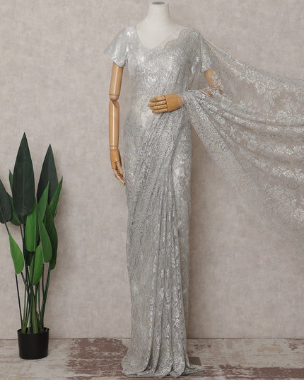 Pearl Grey Silver French Chantilly Lace Saree