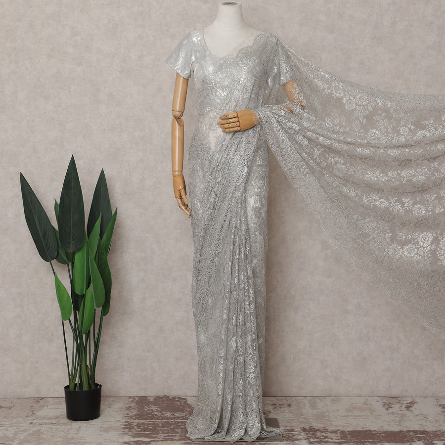 Pearl Grey Silver French Chantilly Lace Saree