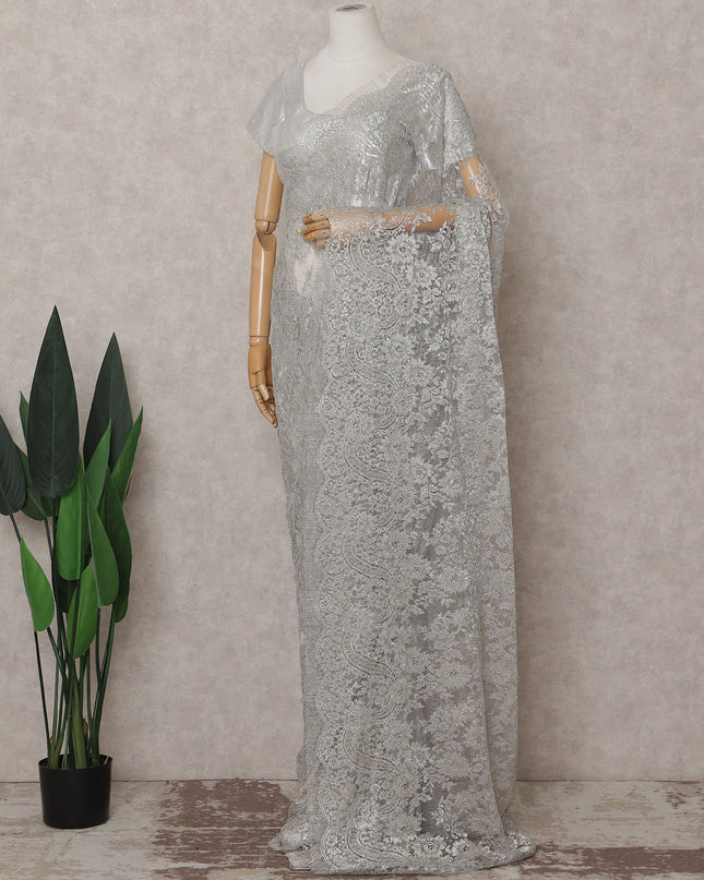 Pearl Grey Silver French Chantilly Lace Saree