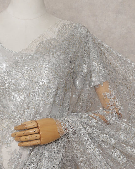Pearl Grey Silver French Chantilly Lace Saree