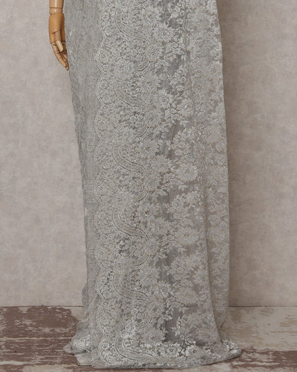 Pearl Grey Silver French Chantilly Lace Saree