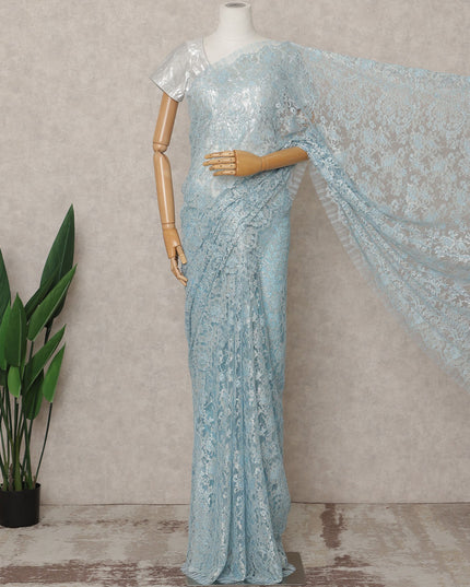 Sky Blue Premium French Metallic Chantilly Lace Saree Fabric – 5.5 Meters Length, Width 110 Cms, Made in France-D25606