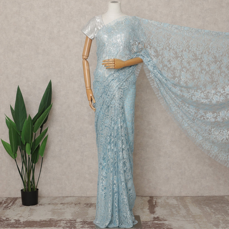 Sky Blue Premium French Metallic Chantilly Lace Saree Fabric – 5.5 Meters Length, Width 110 Cms, Made in France-D25606