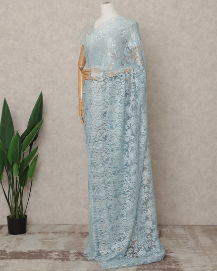 Sky Blue Premium French Metallic Chantilly Lace Saree Fabric – 5.5 Meters Length, Width 110 Cms, Made in France-D25606