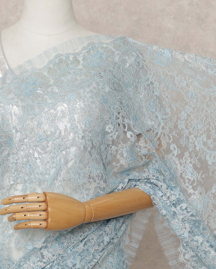 Sky Blue Premium French Metallic Chantilly Lace Saree Fabric – 5.5 Meters Length, Width 110 Cms, Made in France-D25606