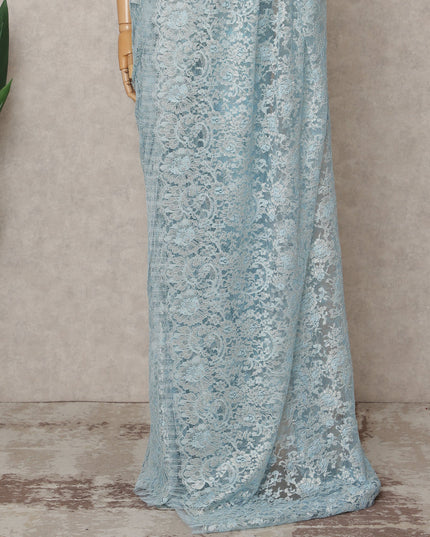 Sky Blue Premium French Metallic Chantilly Lace Saree Fabric – 5.5 Meters Length, Width 110 Cms, Made in France-D25606