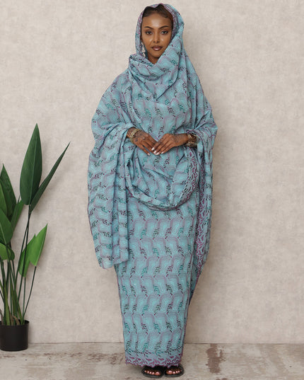 Pastel Aqua Swiss Embroidered Thobe with Stone Work in Pure Cotton Voile Fabric, 4.5 Mtrs, Width 140 Cms, Switzerland-D24366