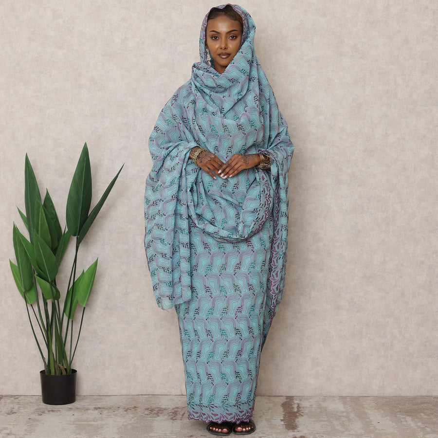 Pastel Aqua Swiss Embroidered Thobe with Stone Work in Pure Cotton Voile Fabric, 4.5 Mtrs, Width 140 Cms, Switzerland-D24366