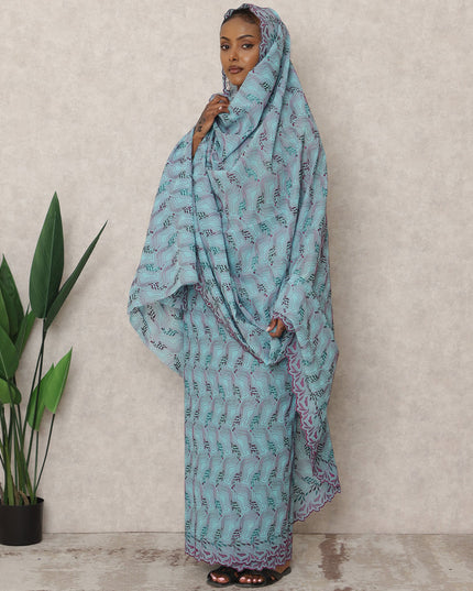 Pastel Aqua Swiss Embroidered Thobe with Stone Work in Pure Cotton Voile Fabric, 4.5 Mtrs, Width 140 Cms, Switzerland-D24366