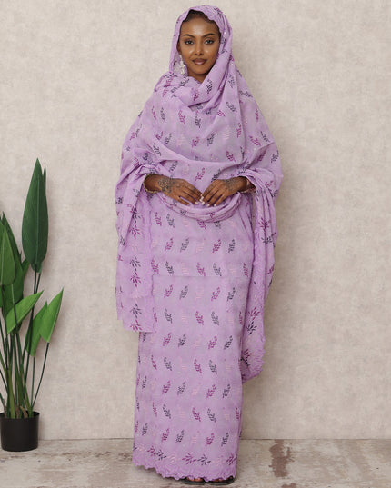 Lavender Swiss Embroidered Thobe with Stone Work in Pure Cotton Voile Fabric, 4.5 Mtrs, Width 140 Cms, Switzerland-D24367