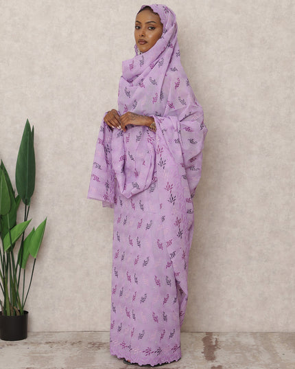 Lavender Swiss Embroidered Thobe with Stone Work in Pure Cotton Voile Fabric, 4.5 Mtrs, Width 140 Cms, Switzerland-D24367