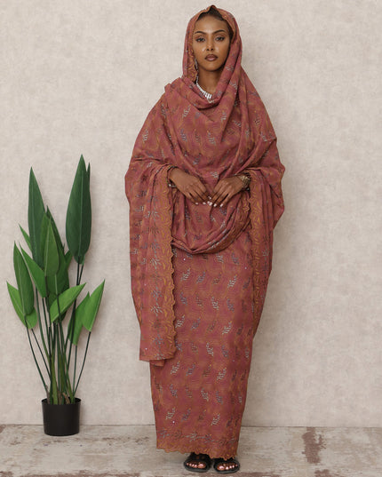 Rust Brown Elegant Traditional Swiss Cotton Thobe with Embroidery and Stones, 4.5 Mtrs, Width 140 Cms, Switzerland-D24379