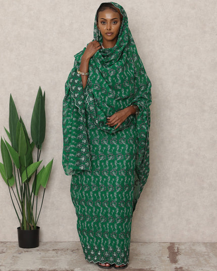 Emerald Green Swiss Cotton Traditional Thobe with Embroidery and Stone Work, 4.5 Mtrs, Width 140 Cms, Switzerland-D24382