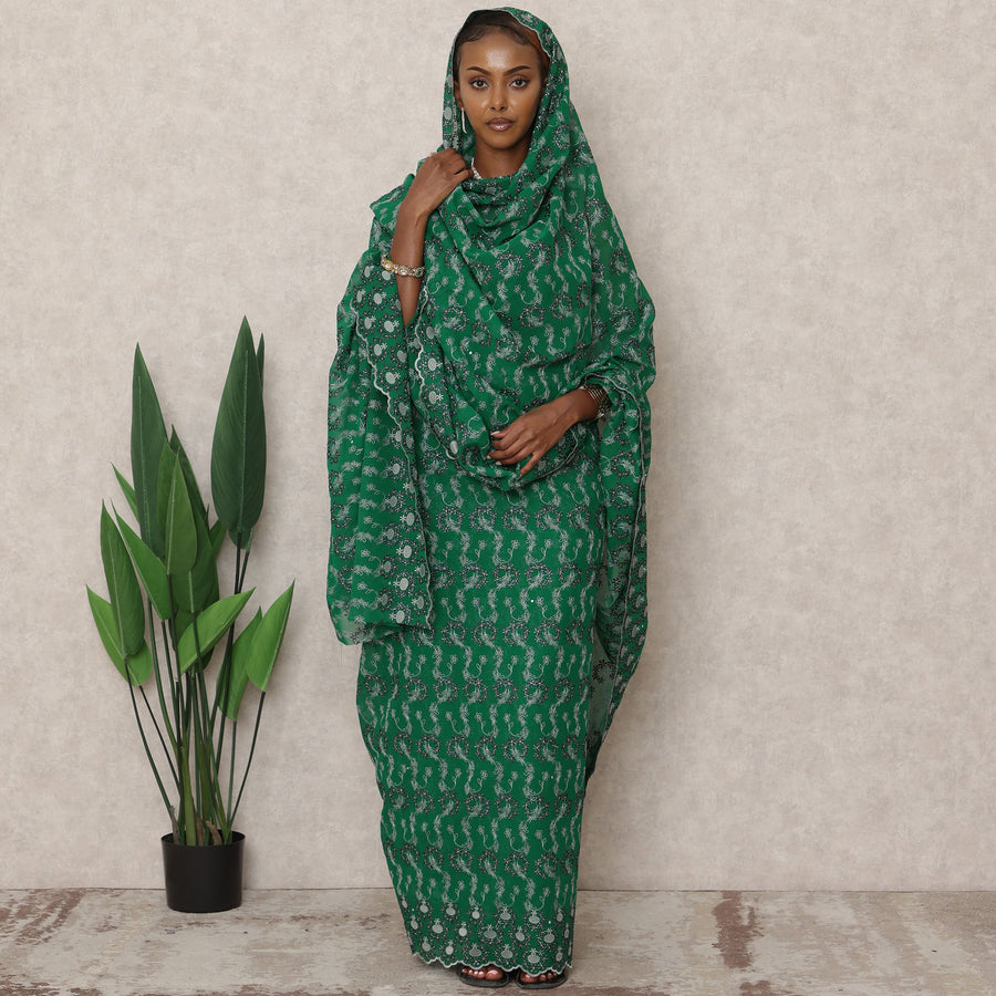 Emerald Green Swiss Cotton Traditional Thobe with Embroidery and Stone Work, 4.5 Mtrs, Width 140 Cms, Switzerland-D24382