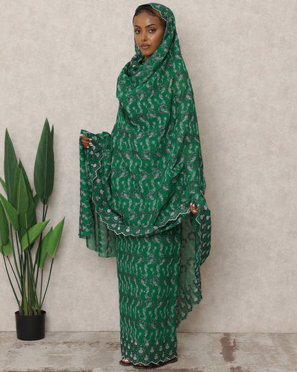 Emerald Green Swiss Cotton Traditional Thobe with Embroidery and Stone Work, 4.5 Mtrs, Width 140 Cms, Switzerland-D24382