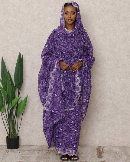 Purple Swiss Cotton Thobe with Floral Embroidery and Stone Work, 4.5 Mtrs Length, Width 140 Cms, Switzerland-D24385