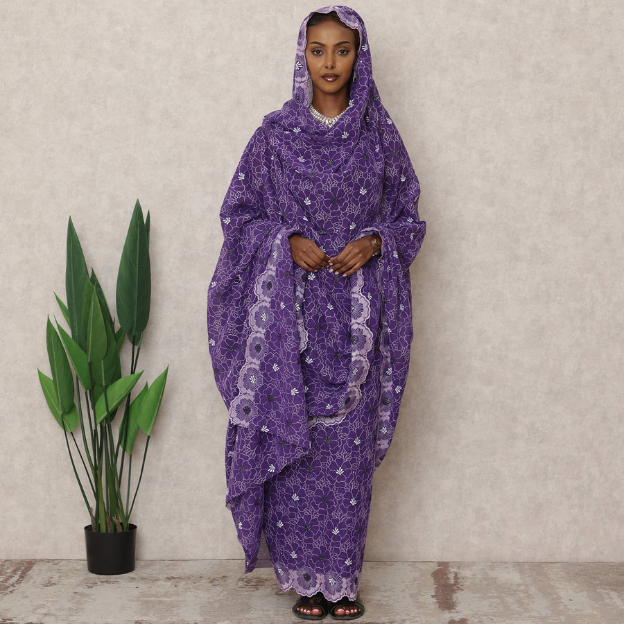 Purple Swiss Cotton Thobe with Floral Embroidery and Stone Work, 4.5 Mtrs Length, Width 140 Cms, Switzerland-D24385