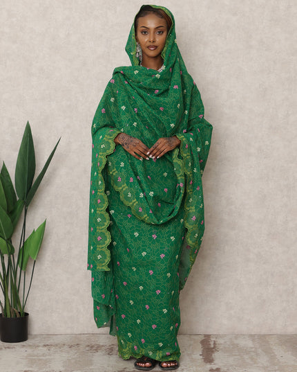 Swiss Green Embroidered and Stone Work Traditional Sudanese Thobe in Pure Cotton Voile Fabric, 4.5 Mtrs, Width 140 Cms, Made in Switzerland-D24364