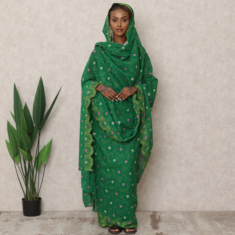 Swiss Green Embroidered and Stone Work Traditional Sudanese Thobe in Pure Cotton Voile Fabric, 4.5 Mtrs, Width 140 Cms, Made in Switzerland-D24364