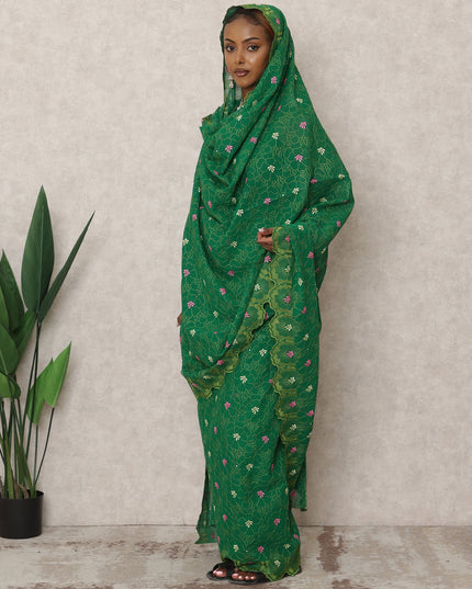 Swiss Green Embroidered and Stone Work Traditional Sudanese Thobe in Pure Cotton Voile Fabric, 4.5 Mtrs, Width 140 Cms, Made in Switzerland-D24364