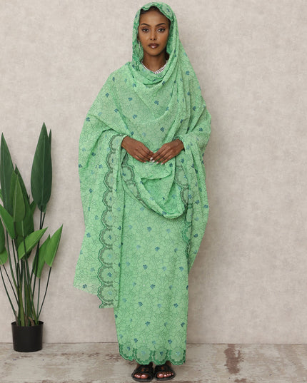 Mint Green Swiss Cotton Thobe with Floral Embroidery and Stone Accents, 4.5 Mtrs Length, Width 140 Cms, Switzerland-D24386