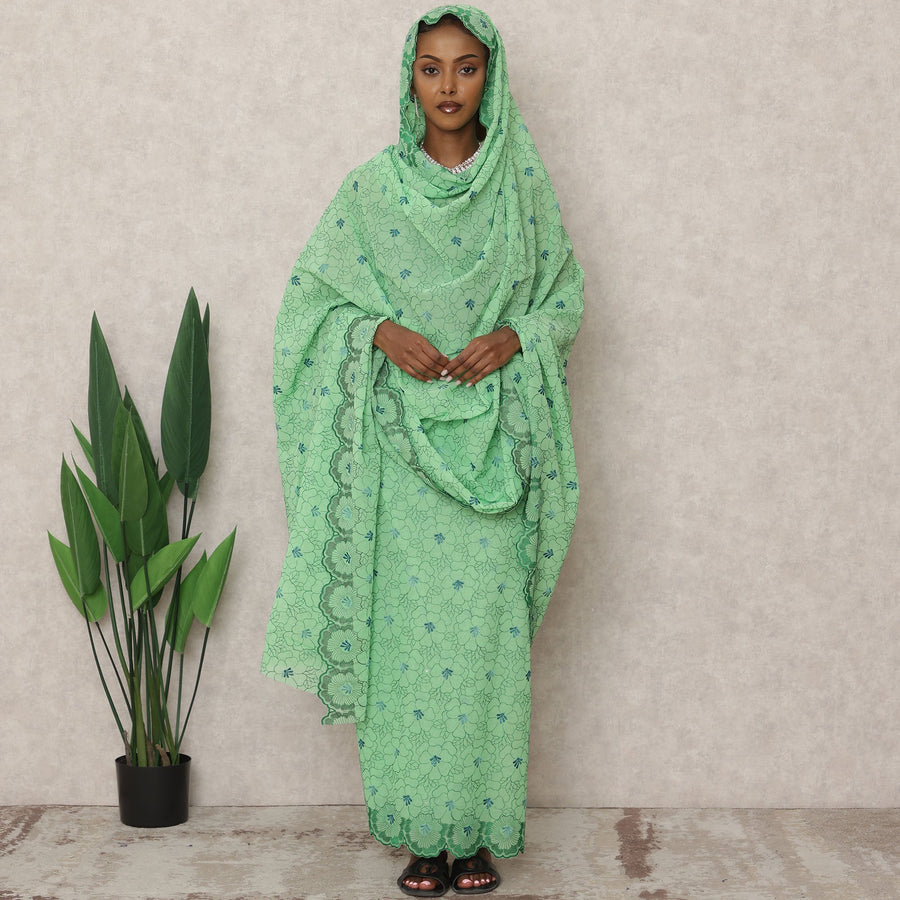 Mint Green Swiss Cotton Thobe with Floral Embroidery and Stone Accents, 4.5 Mtrs Length, Width 140 Cms, Switzerland-D24386